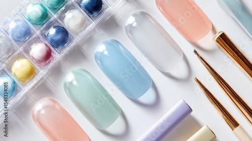 Transparent press-on gel nails in packaging beside tools and pastel polish options