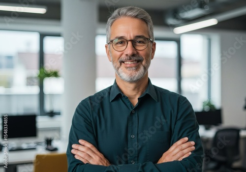 Professional headshot of smiling mature businessman in office for corporate website and linkedin profile photo