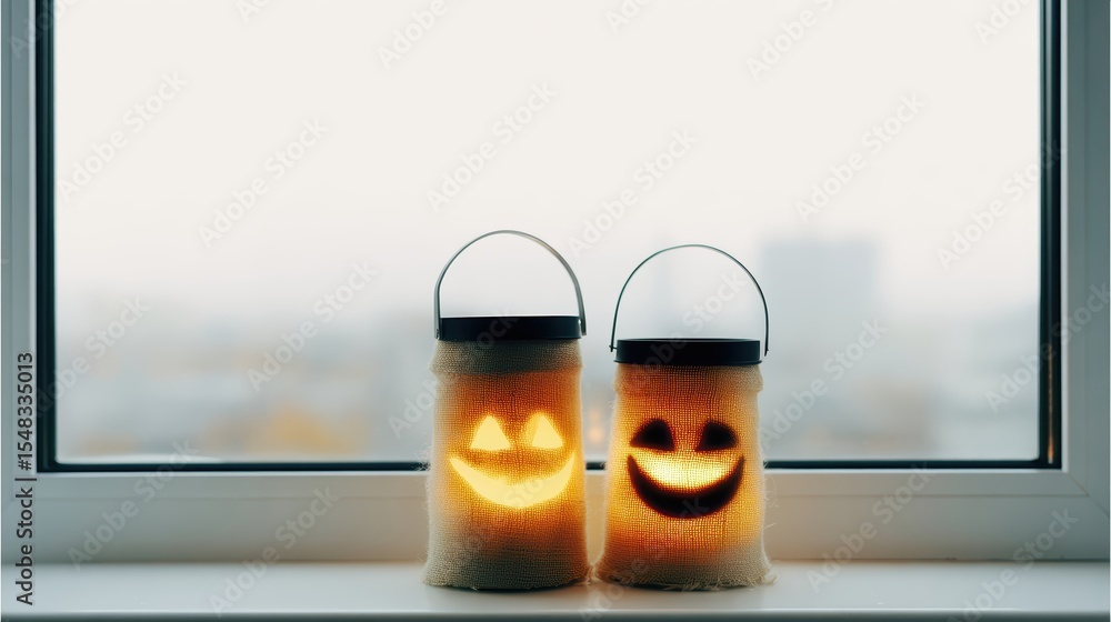 Obraz premium Unlit Jack O Lanterns Sit on a Foggy Windowsill With a Candle Illuminating Their Cheerful Faces