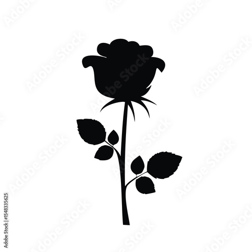 Single black silhouette rose flower stem leaves