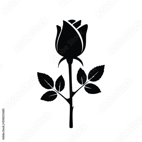 Single black silhouette rose flower stem leaves