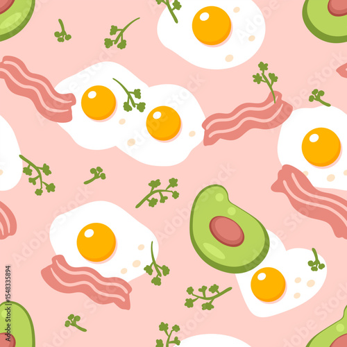 Hand drawn seamless pattern with fried eggs, avocado and bacon. Perfect print for paper, fabric, textile. Food background vector illustration.