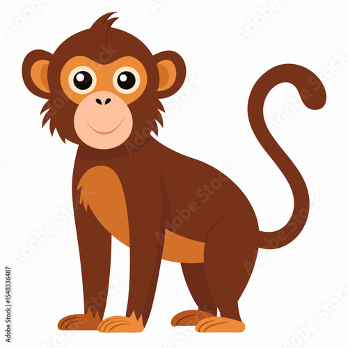 Cute cartoon chimpanzee monkey standing . Playful jungle animal with big eyes and smile. Perfect for kids books or tropical themed designs. Front view. Isolated vector illustration on white background