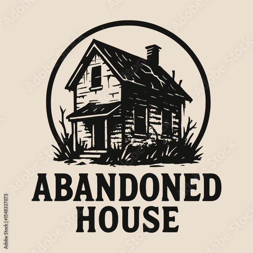Vintage abandoned house vector illustration in black ink style.