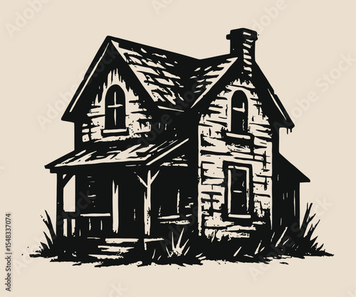 Old haunted house vector illustration in woodcut ink style.