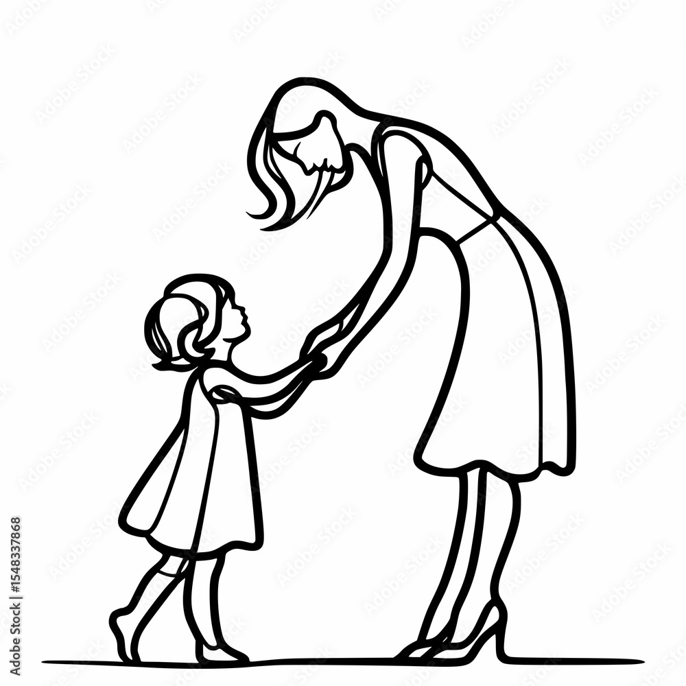 Fototapeta premium Minimalist Line Art Illustration of a Mother and Child Holding Hands