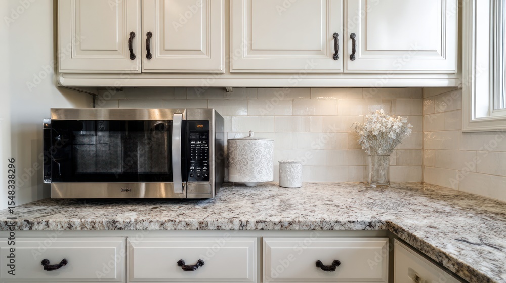 Fototapeta premium Kitchen countertop with microwave oven shut and visible from the front
