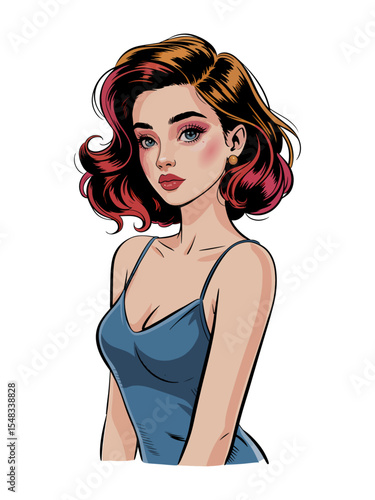 Retro Style Woman Portrait: Elegant Illustration of a Woman with Red and Brown Hair