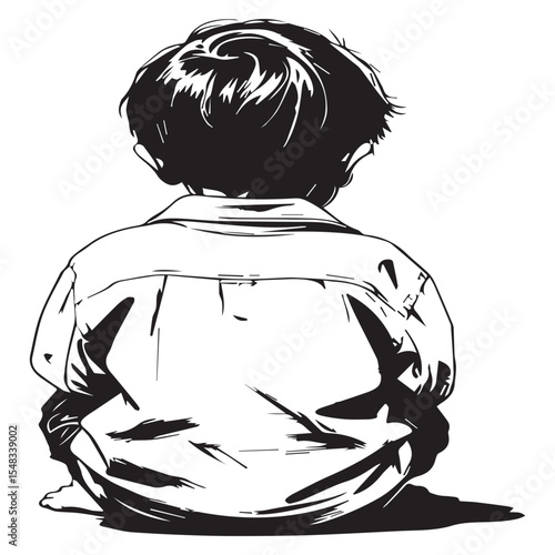 Little boy sitting alone with his back turned isolated on white background