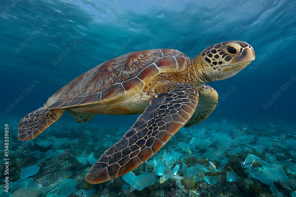 Fototapeta premium Brown Gold Sea Turtle Swimming Underwater Plastic Pollution