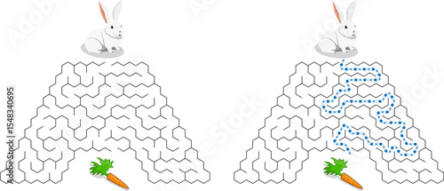 White bunny sits on the circus pedestal. Help it to find the carrot under the stand. Vector trapezium maze with animal. Labyrinth with entry and exit. Difficulty level - easy. Answer included