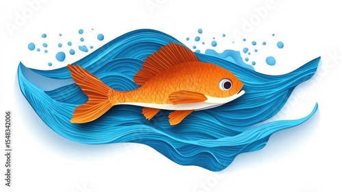 Orange fish swimming in stylized blue water.