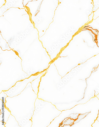 A smooth white marble surface with intricate golden veining running throughout, creating an elegant and luxurious appearance. The background is mainly white with subtle grayish undertones