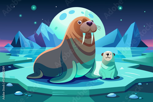 A walrus with pup lying on ice floe looking into the distance