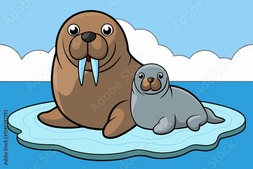 A walrus with pup lying on ice floe looking into the distance