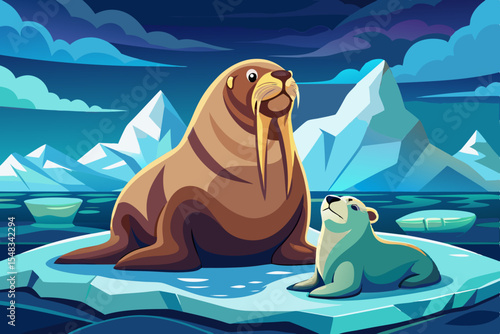 A walrus with pup lying on ice floe looking into the distance