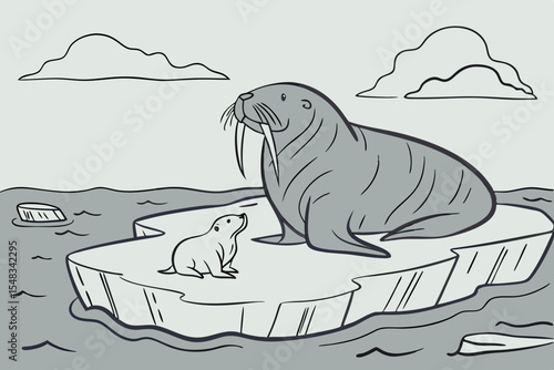 A walrus with pup lying on ice floe looking into the distance