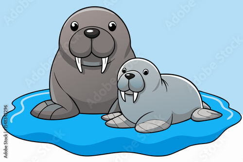 A walrus with pup lying on ice floe looking into the distance