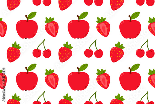 Vector seamless pattern featuring apples, strawberries, and cherries. Perfect for healthy food packaging, grocery branding, textile design, and fresh fruit visuals