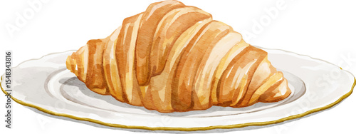 Cute cartoon fresh french croissant pastry on white saucer plate isolated on white background. Watercolor hand drawn illustration sketch vector