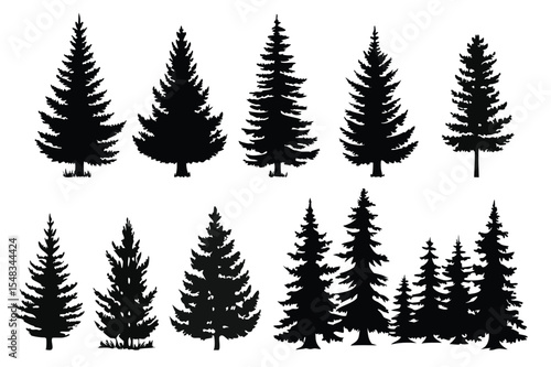 Black pine tree illustrations – natural forest and Christmas tree vector set