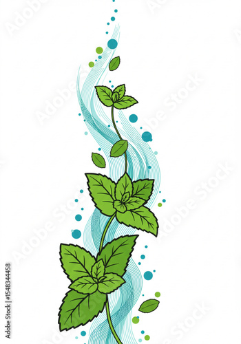 Minty Water Flow: Artistic representation of mint leaves swirling in refreshing water