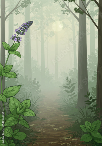 Misty Forest Path: A serene view of mint plants in a foggy woodland setting