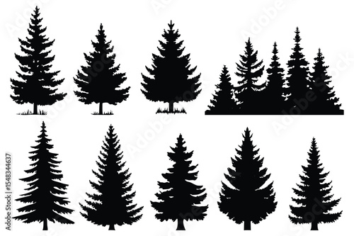 Black pine tree illustrations – natural forest and Christmas tree vector set