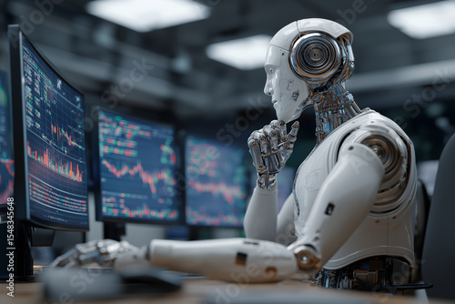 AI robot working on financial strategy on digital screen, futuristic office.