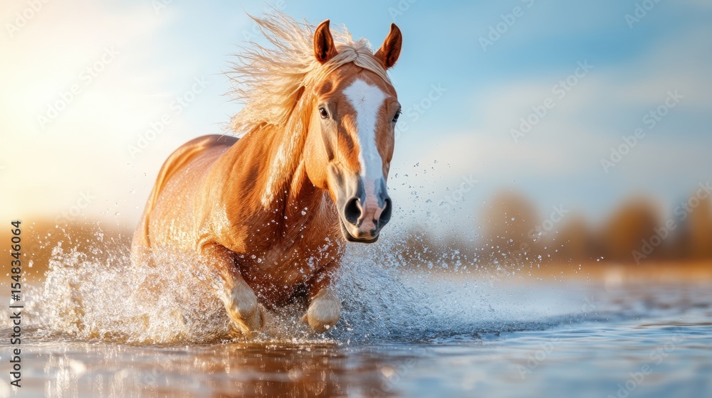 Obraz premium An energetic horse galloping through water at sunset, its mane flowing beautifully while creating splashes, embodying freedom and the beauty of nature in motion.