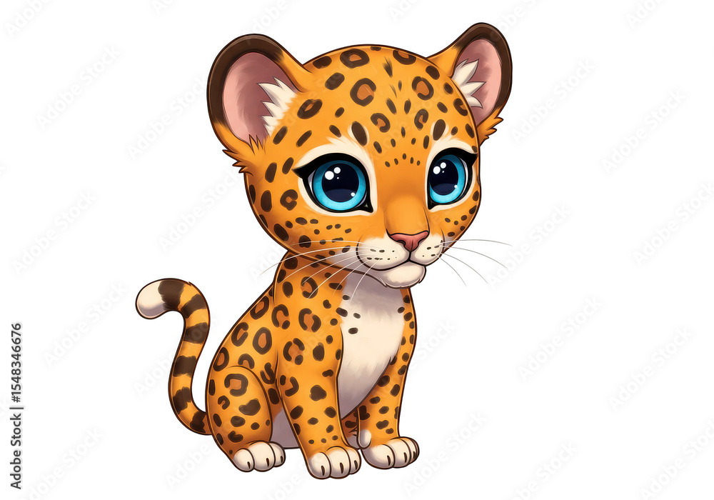 A cartoon illustration of a small spotted animal sitting with large blue eyes and a striped tail on transparent background A cartoon illustration of a small spotted animal sitting with large blue eyes and a striped tail on transparent background