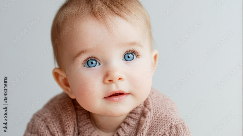 Cute baby with blue eyes looking up in cozy sweater indoors Cute baby with blue eyes looking up in cozy sweater indoors
