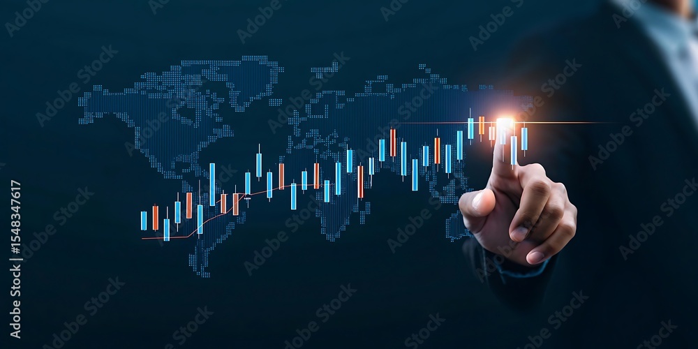 Fototapeta premium Businessman touching economic growth chart graph, finance investment and accounting, business development leading to success, company growth data analysis, global economic trend analysis, analyzing.