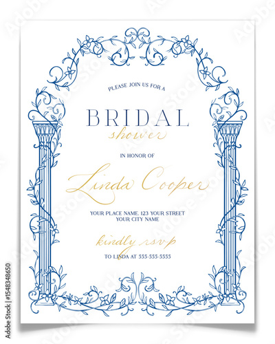 Bridal Shower Invitation with Blue Ornate Columns.