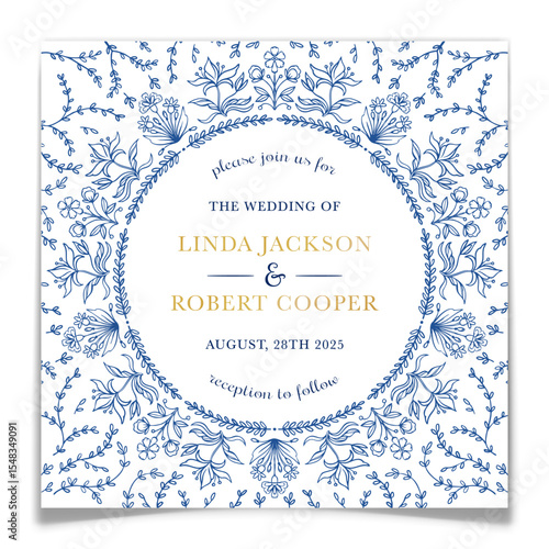 Wedding Invitation with Round Blue Floral Frame.