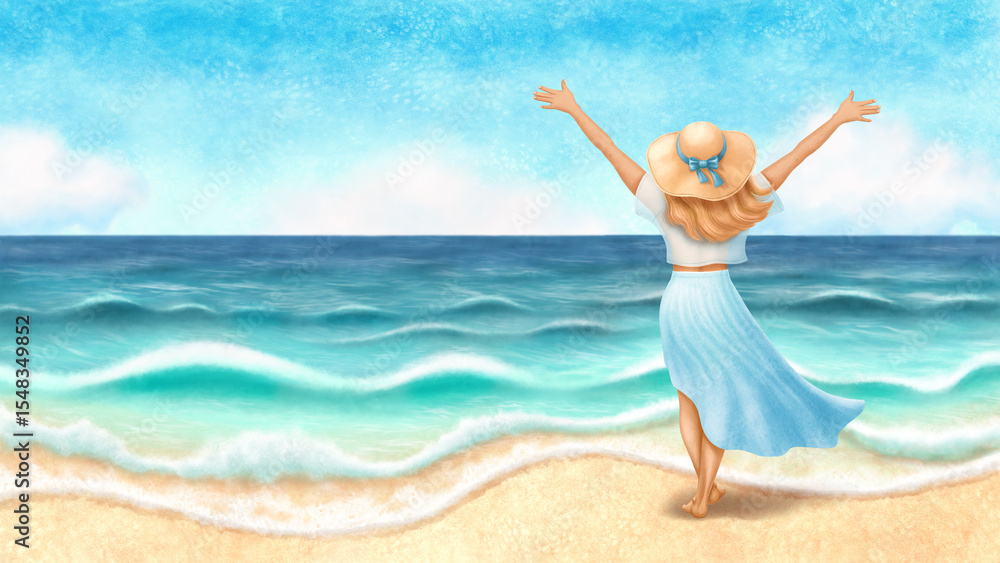 Seascape. Blue sky and sea. Sand coast. Joyful girl raised her hands up. Watercolor illustration. Seascape. Blue sky and sea. Sand coast. Joyful girl raised her hands up. Watercolor illustration.