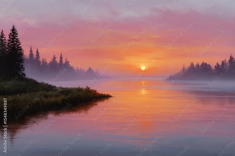 Fototapeta premium Pink and Orange Sunrise over Misty River and Pine Trees