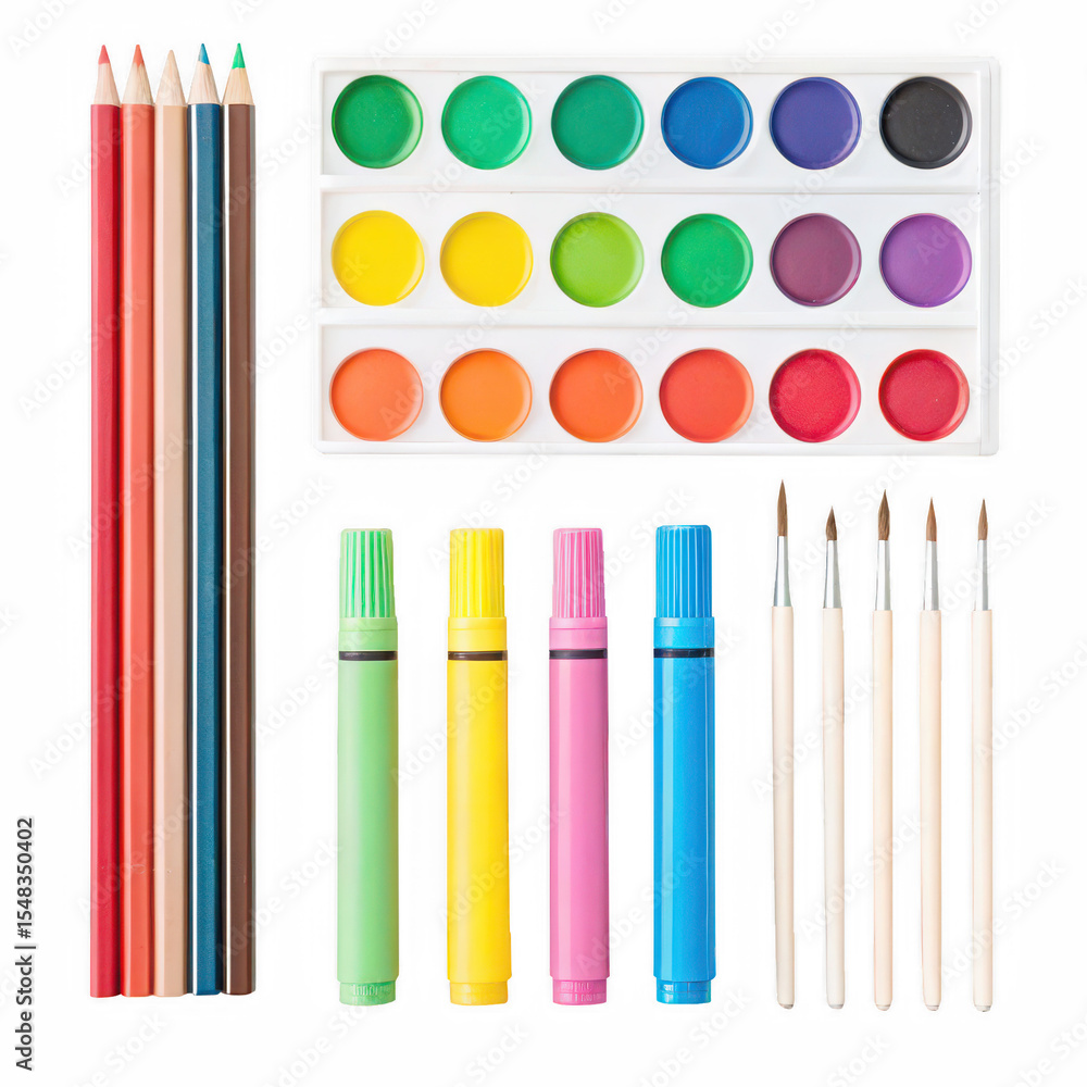 Fototapeta premium Youth art supplies png kids art tools png children�s paint set png beginner art kit png school art supplies png drawing tools png transparent background image