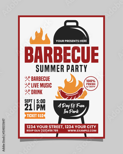 Barbecue Summer Party vertical portrait flyer, bbq invitation poster vector template