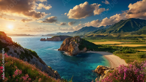 beautiful natural scenery background, mountains, forests, lakes, gardens, seas, waterfalls