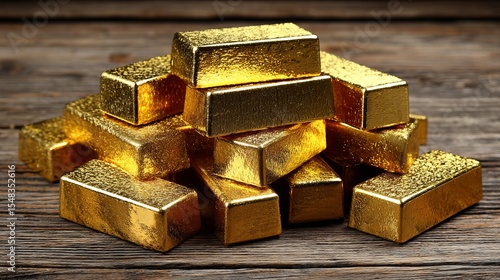 Wallpaper Mural Piles of shiny gold bars stacked on a wooden surface, showcasing wealth and luxury Torontodigital.ca