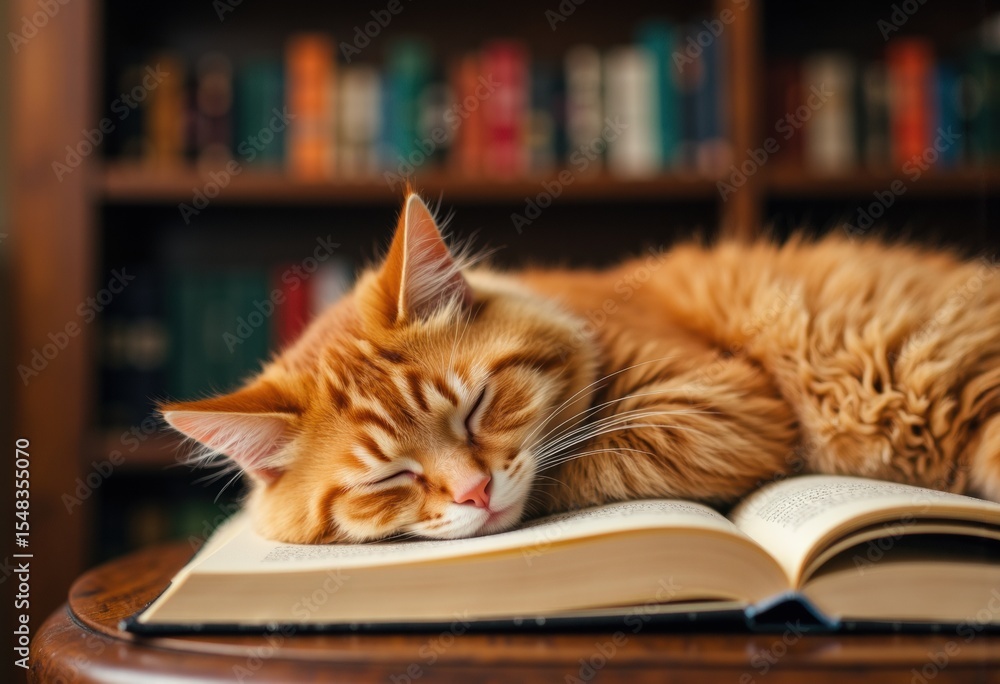 An orange tabby cat peacefully sleeps on an open book in a cozy library setting An orange tabby cat peacefully sleeps on an open book in a cozy library setting