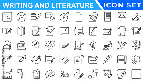 Writing and literature trendy minimal icons. Containing page, book, pencil, handwriting, creativity, art and more. UI icon set in a thin design. Minimalistic linear icons.
