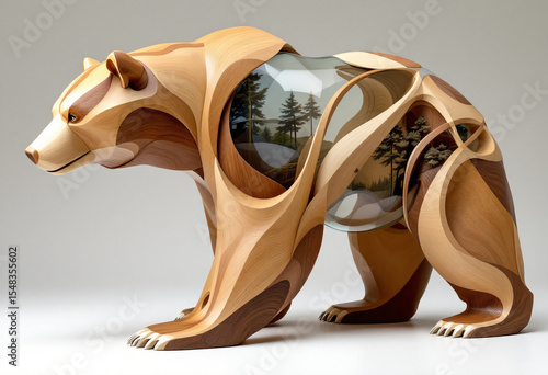bear sculpture made of wood and plexiglass.