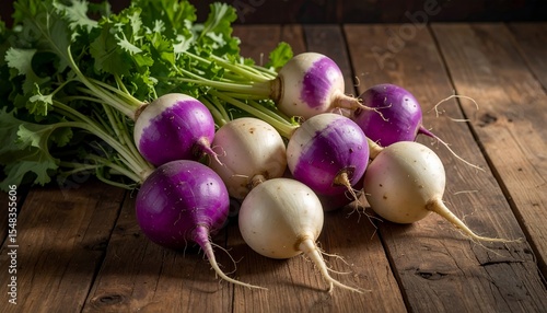 A close-up shot showcasing a collection of fresh turnips with vibrant purple and white hues, set on a rustic wooden surface.