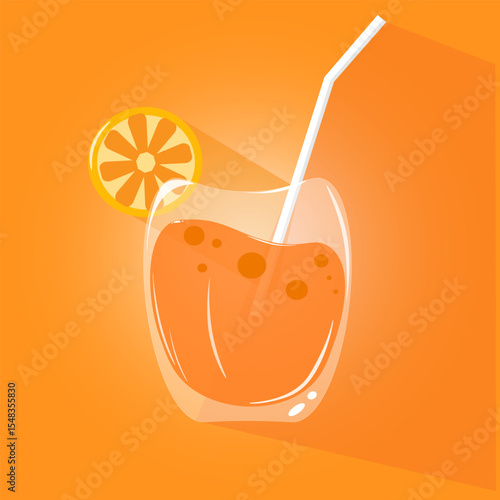 Vector summer design of orange juice with a slice of tangerine. Bright orang background for your products