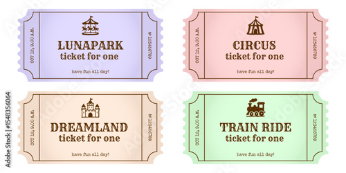 Amusement park tickets collection mockup: Lunapark, Circus, Dreamland, Train Ride. Colorful vintage style admission tickets set for fun.