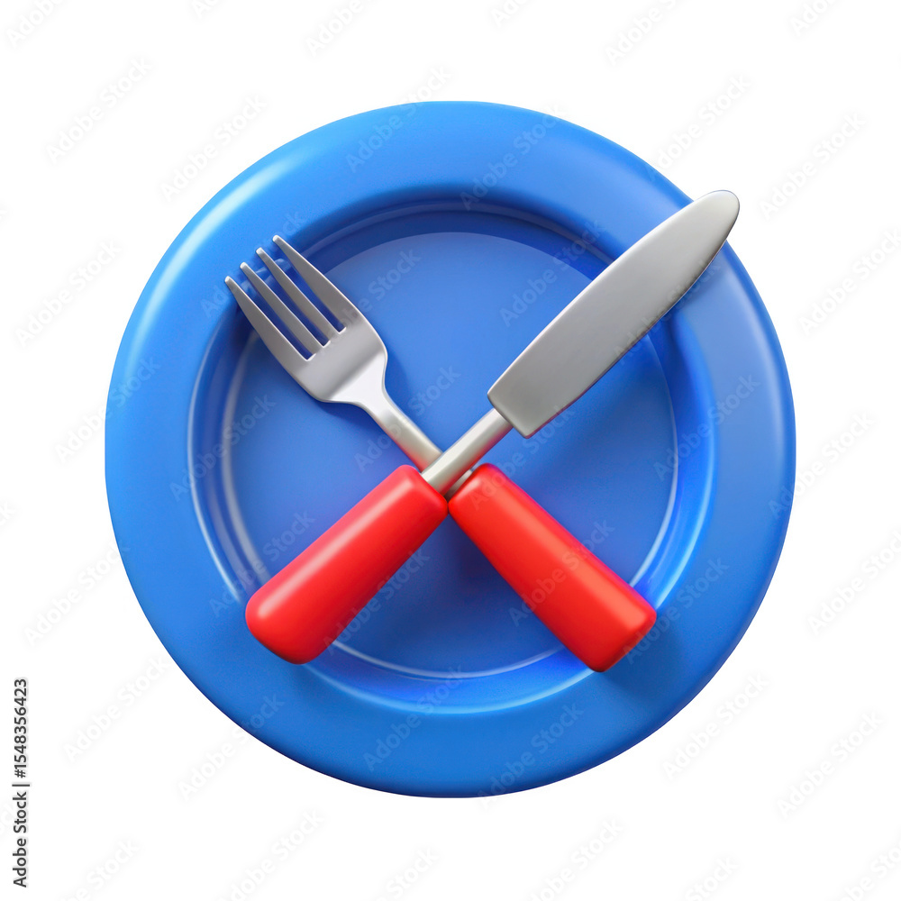 Fototapeta premium 3d fork and knife on plate isolated on transparent background