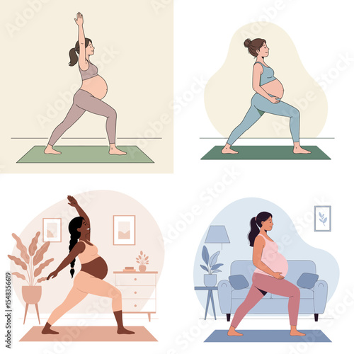 Pregnant women practicing yoga in various poses indoors, vector, set  