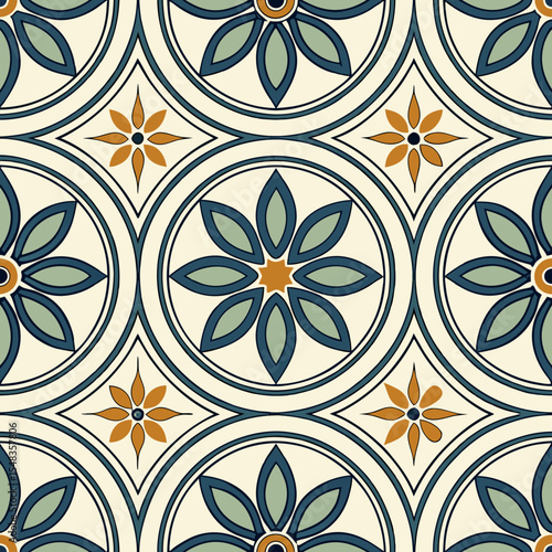 Moroccan tile seamless vector pattern with geometric motif in blue and orange colors  